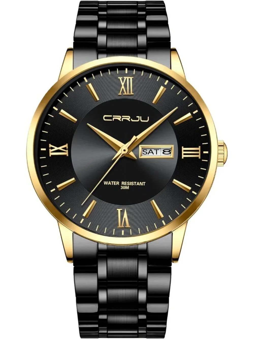 Men's Black Gold Luxury Stainless Steel Chronograph Analog Quartz Round Watch